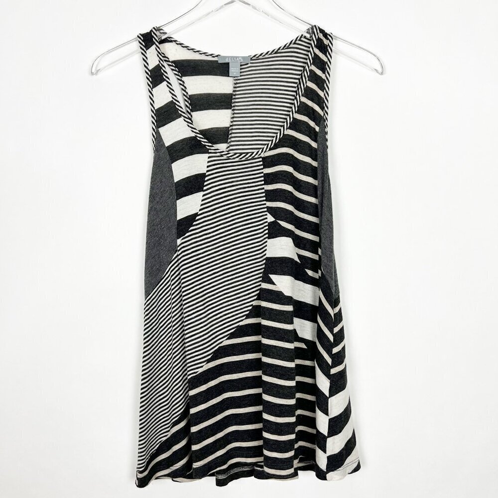 dELiA*s Tank Top Size M Black Cream Linen Blend Abstract Multi Striped Print
